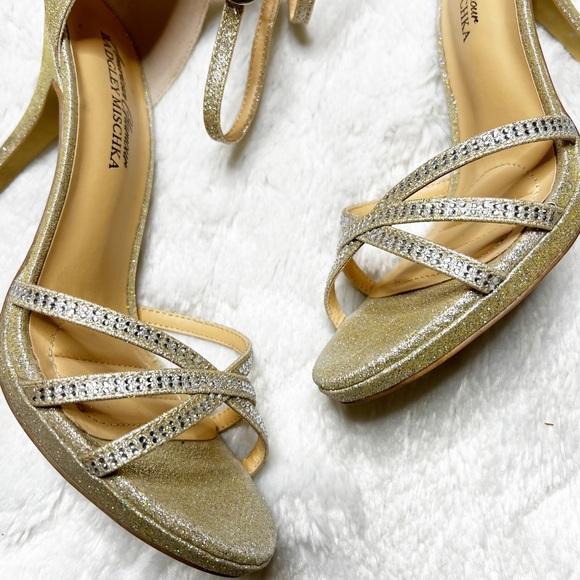 IOB Badgley Mischka Vita Open Toe Ankle Strap Stiletto Heels Gold Glitter 7.5 - Picture 2 of 14